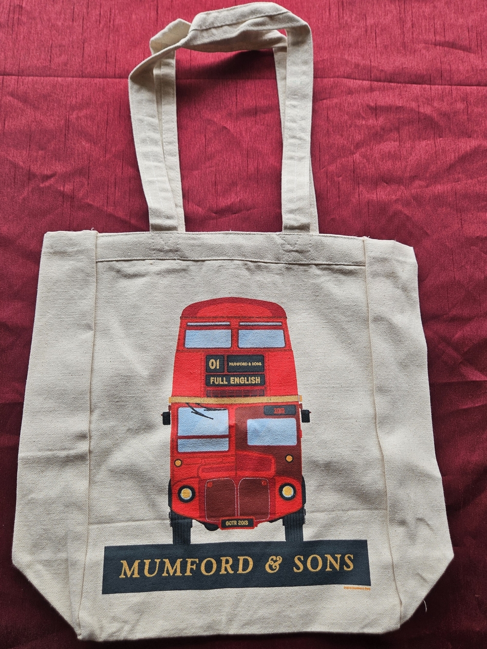 Beige Canvas Tote with Red Double-Decker Bus